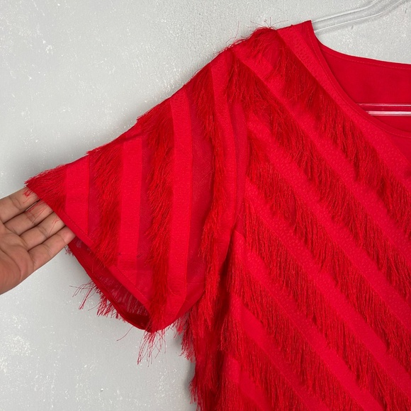 Long Tall Sally size 12 fringe dress red short sleeve chiffon lined side zip - Picture 12 of 13